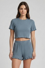 Women’s Casual Two-Piece Top and Shorts Set with Ruffle Hem and Round Neck 7