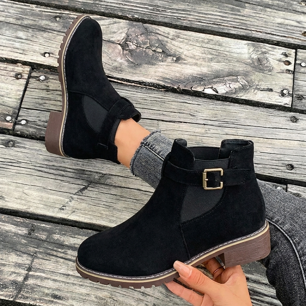 Women's Chelsea Ankle Boots with Buckle Strap and Block Heel 0