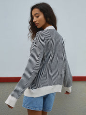 Women's Chevron Stripe Knit Cardigan with V-Neck and Button-Up Closure 1