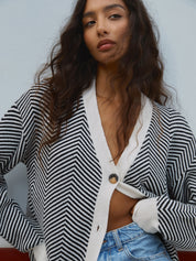 Women's Chevron Stripe Knit Cardigan with V-Neck and Button-Up Closure 2