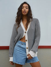 Women's Chevron Stripe Knit Cardigan with V-Neck and Button-Up Closure 3