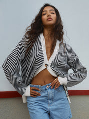 Women's Chevron Stripe Knit Cardigan with V-Neck and Button-Up Closure 4