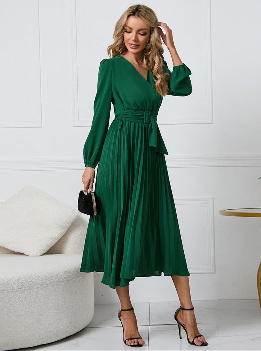 Women's Cocktail Dresses Long Sleeve Pleated Midi Dress for Weddings and Formal Events 0