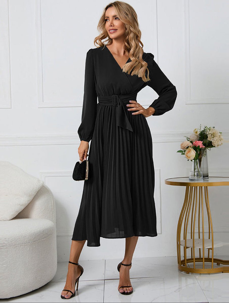 Women's Cocktail Dresses Long Sleeve Pleated Midi Dress for Weddings and Formal Events 1