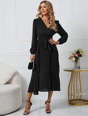Women's Cocktail Dresses Long Sleeve Pleated Midi Dress for Weddings and Formal Events 1