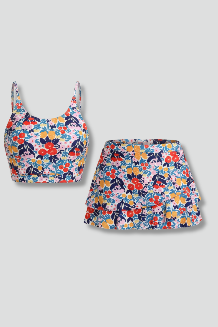 Women’s Floral Two-Piece Set with Adjustable Strap Crop Top and Ruffle Skirt 1