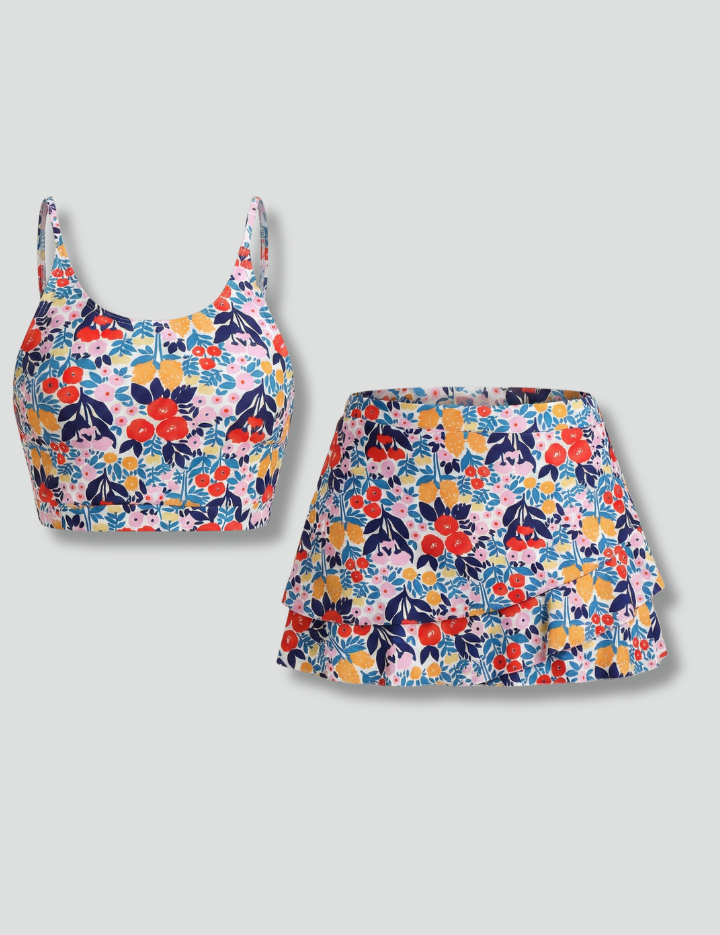 Women’s Floral Two-Piece Set with Adjustable Strap Crop Top and Ruffle Skirt 1