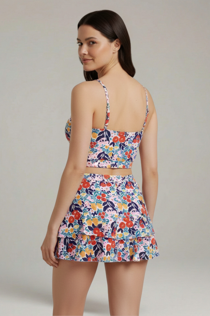 Women’s Floral Two-Piece Set with Adjustable Strap Crop Top and Ruffle Skirt 2