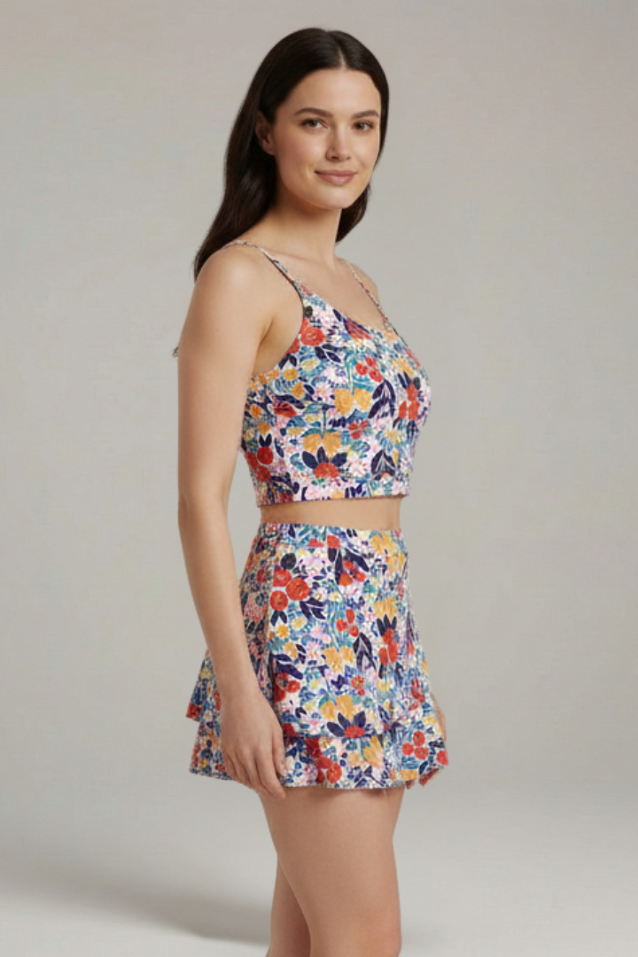 Women’s Floral Two-Piece Set with Adjustable Strap Crop Top and Ruffle Skirt 3