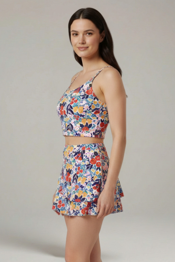 Women’s Floral Two-Piece Set with Adjustable Strap Crop Top and Ruffle Skirt 4