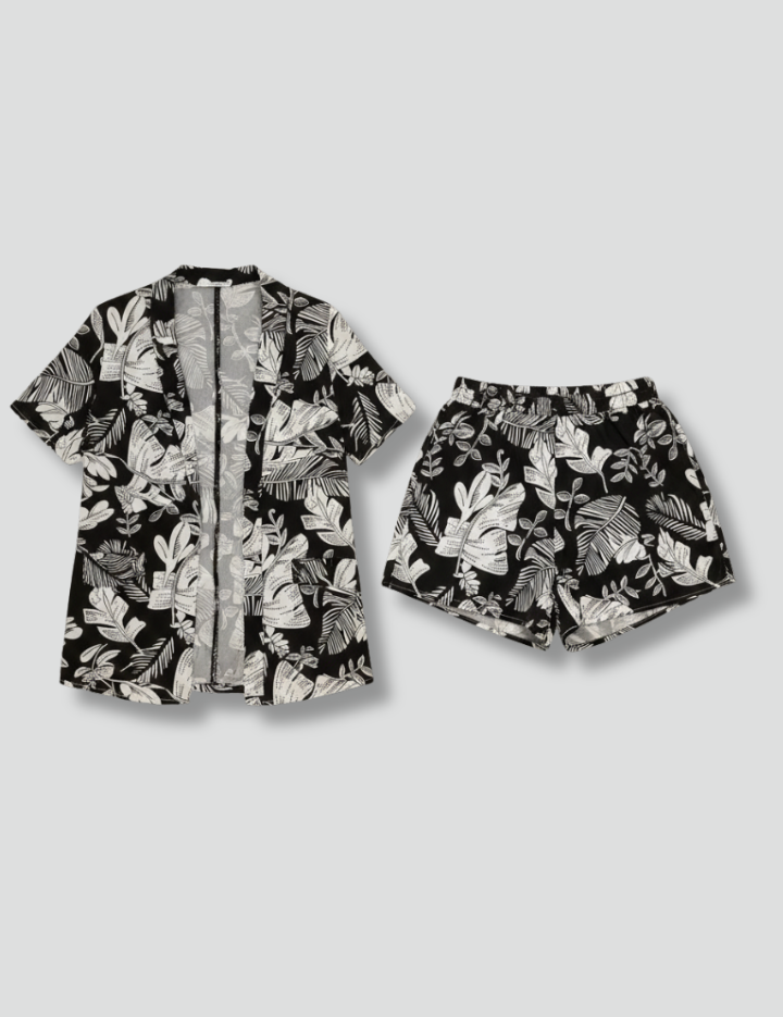Women’s Floral Two Piece Set with Open Front Top and Elastic Waistband Shorts 1