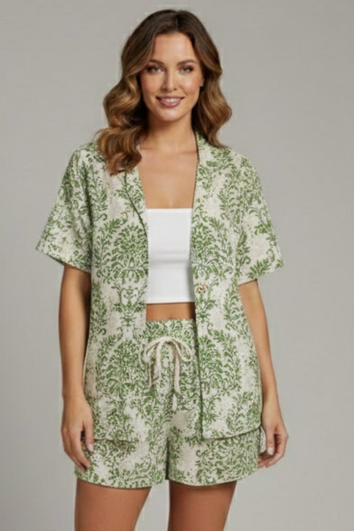Women’s Floral Two Piece Set with Open Front Top and Elastic Waistband Shorts 5