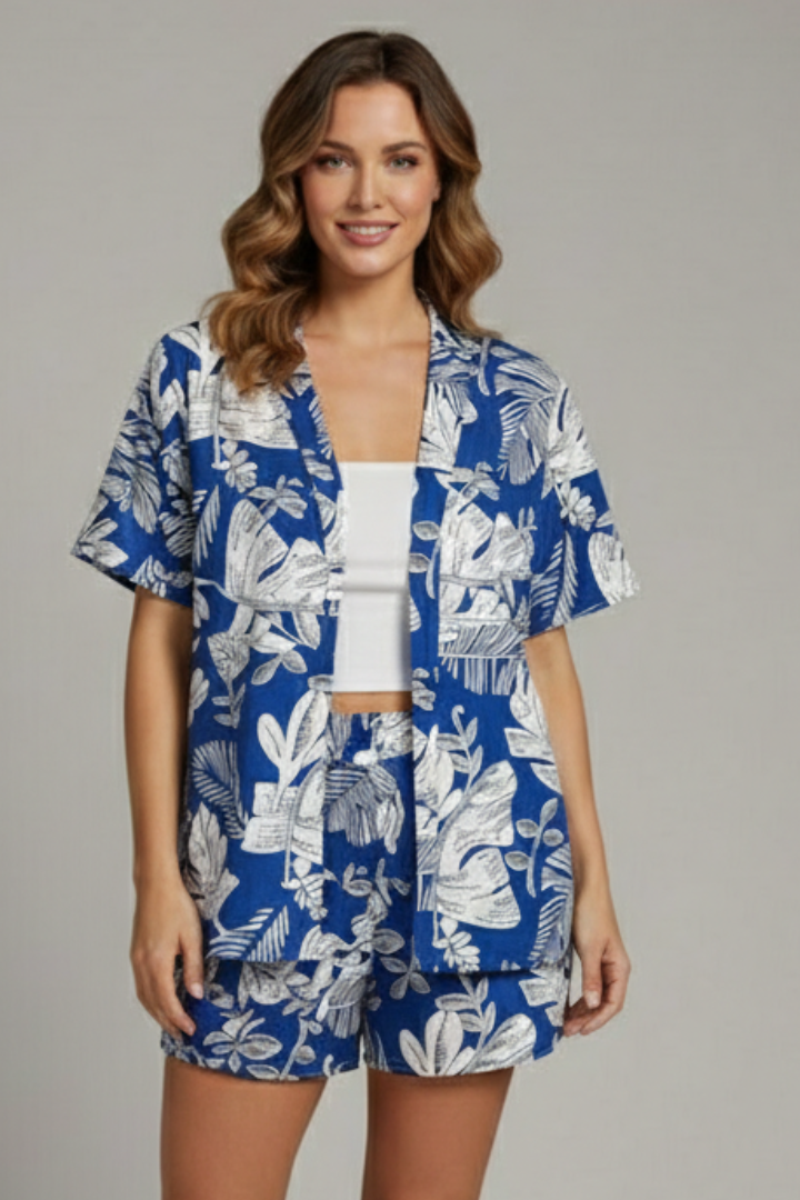 Women’s Floral Two Piece Set with Open Front Top and Elastic Waistband Shorts 6