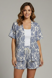 Women’s Floral Two Piece Set with Open Front Top and Elastic Waistband Shorts 8