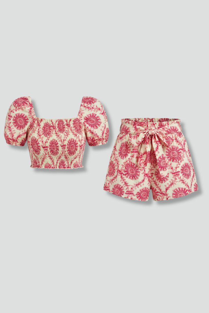 Women’s Floral Two Piece Set with Square Neck Crop Top and Shorts 1