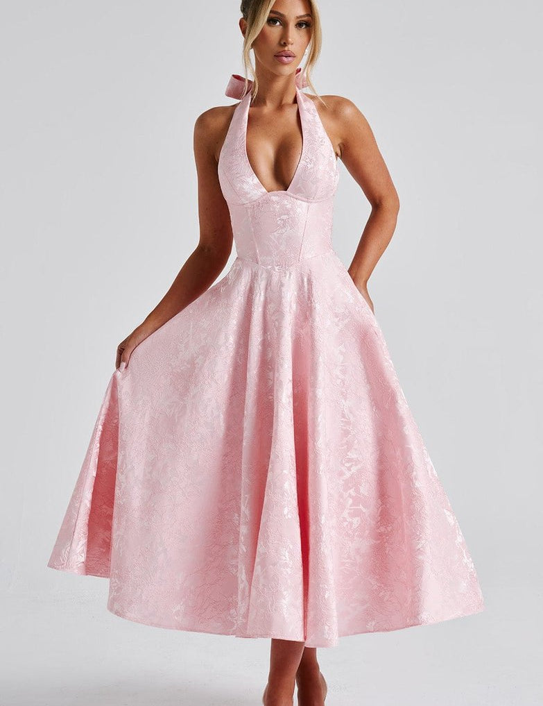 Women's Formal Flared Halter Midi Dress for Wedding Guests & Elegant Occasions 0