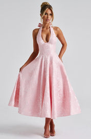 Women's Formal Flared Halter Midi Dress for Wedding Guests & Elegant Occasions 0