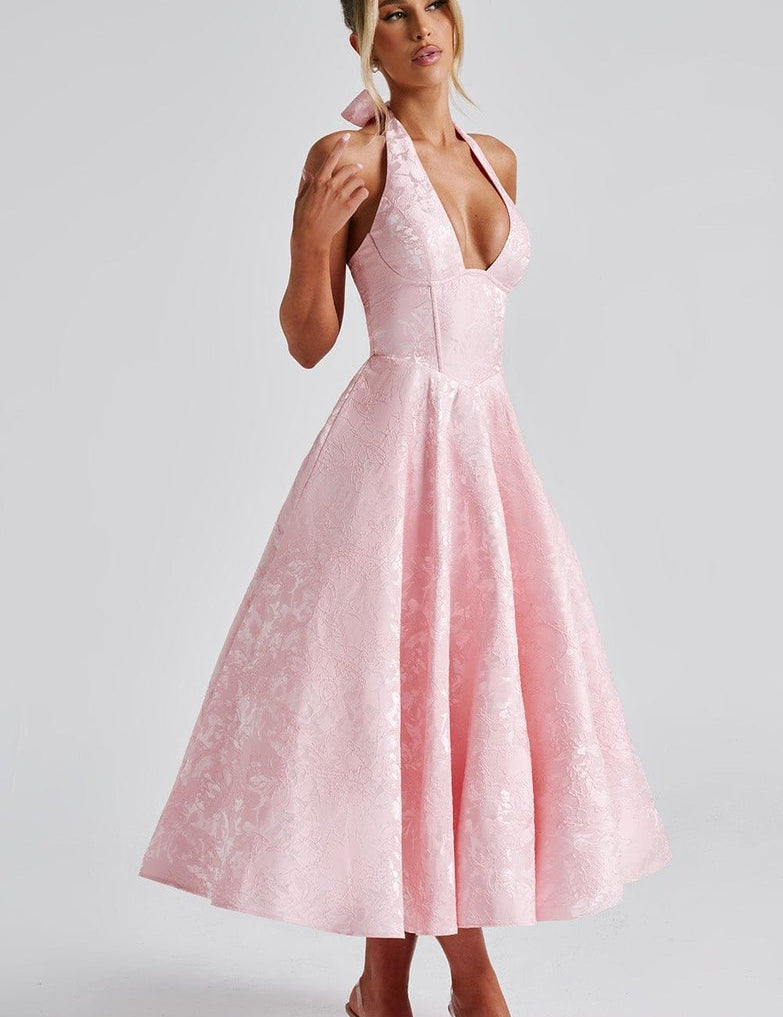 Women's Formal Flared Halter Midi Dress for Wedding Guests & Elegant Occasions 1