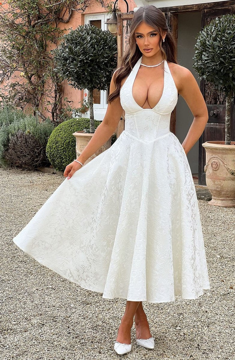 Women's Formal Flared Halter Midi Dress for Wedding Guests & Elegant Occasions 6