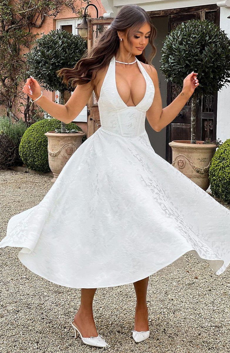 Women's Formal Flared Halter Midi Dress for Wedding Guests & Elegant Occasions 7