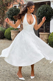Women's Formal Flared Halter Midi Dress for Wedding Guests & Elegant Occasions 7