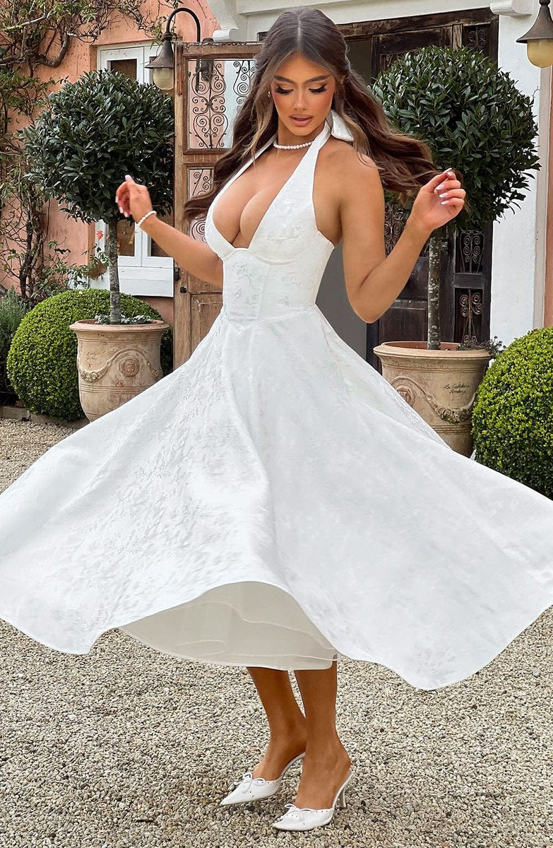 Women's Formal Flared Halter Midi Dress for Wedding Guests & Elegant Occasions 8
