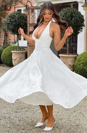 Women's Formal Flared Halter Midi Dress for Wedding Guests & Elegant Occasions 8