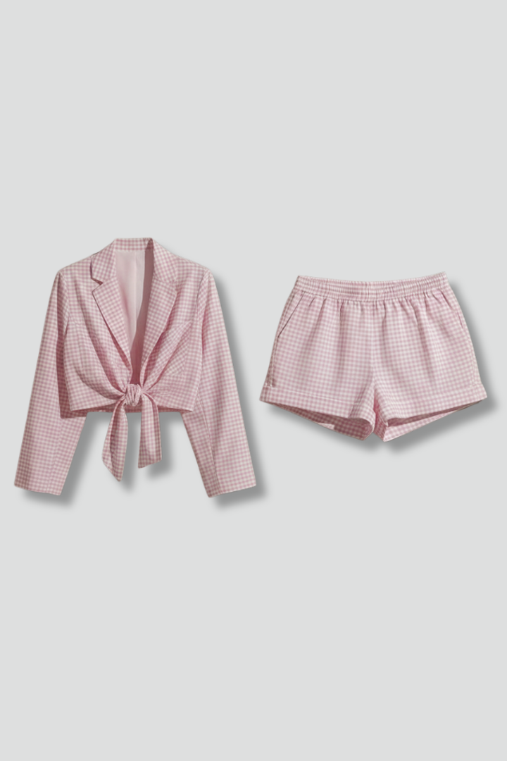 Women’s Gingham Two-Piece Set with Long Sleeve Top and Elastic Waist Shorts 1