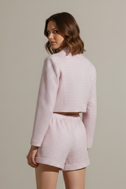 Women’s Gingham Two-Piece Set with Long Sleeve Top and Elastic Waist Shorts 2