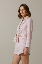 Women’s Gingham Two-Piece Set with Long Sleeve Top and Elastic Waist Shorts 4