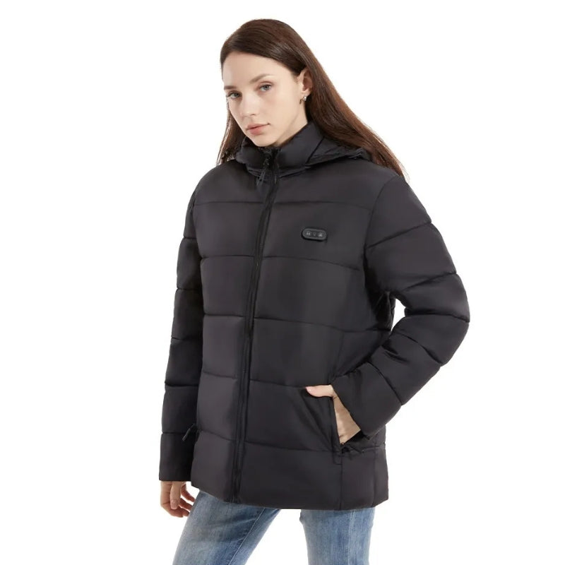 Women's Heated Hooded Puffer Jacket Two Tone Zip Up Insulated Winter Coat 0