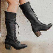 Women's Knee High Boots with Arch Support - Stylish Orthopedic Lace-Up Design and Block Heel 0