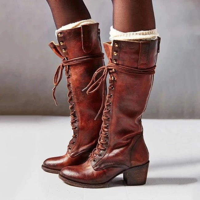 Women's Knee High Boots with Arch Support - Stylish Orthopedic Lace-Up Design and Block Heel 1