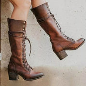 Women's Knee High Boots with Arch Support - Stylish Orthopedic Lace-Up Design and Block Heel 3