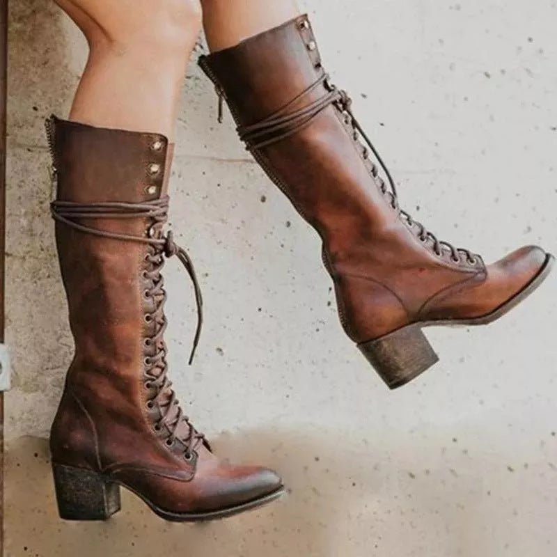 Women's Knee High Boots with Arch Support - Stylish Orthopedic Lace-Up Design and Block Heel 3