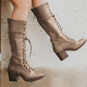 Women's Knee High Boots with Arch Support - Stylish Orthopedic Lace-Up Design and Block Heel 4