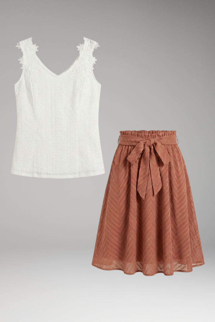 Women’s Lace Two Piece Set with Flared Skirt Summer Outfit 0