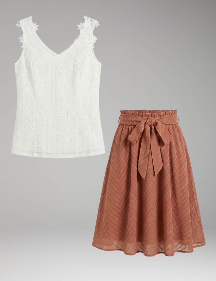 Women’s Lace Two Piece Set with Flared Skirt Summer Outfit 0