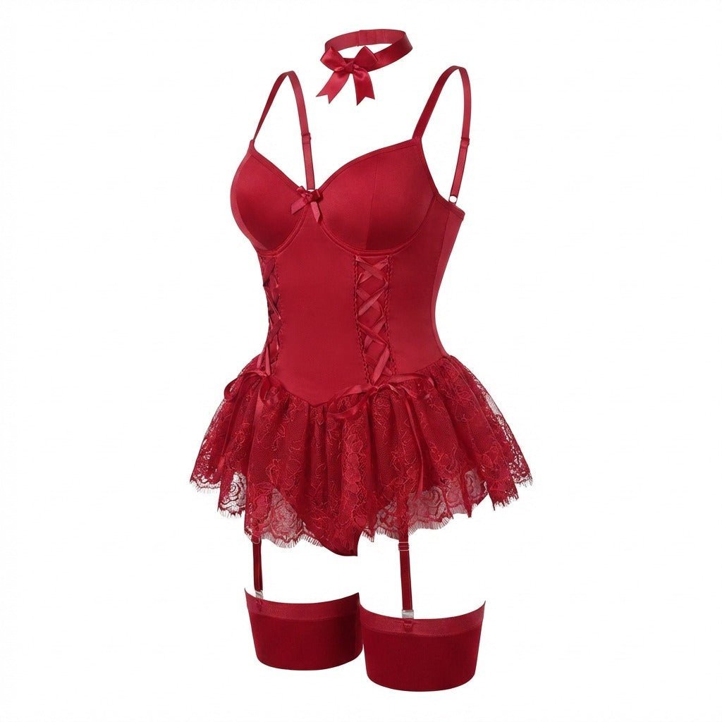 Women's Lingerie Lace Ruffle Underwired Bustier Teddy Garter Set Elegant Lingerie Sets 10