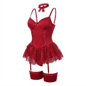 Women's Lingerie Lace Ruffle Underwired Bustier Teddy Garter Set Elegant Lingerie Sets 10