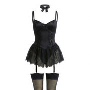 Women's Lingerie Lace Ruffle Underwired Bustier Teddy Garter Set Elegant Lingerie Sets 11