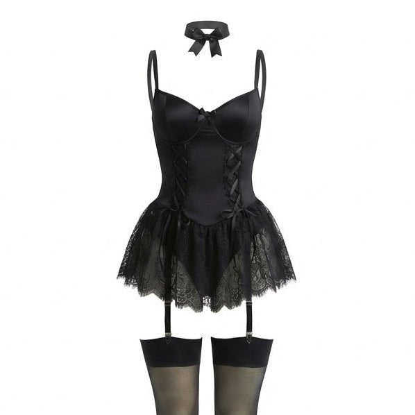 Women's Lingerie Lace Ruffle Underwired Bustier Teddy Garter Set Elegant Lingerie Sets 11