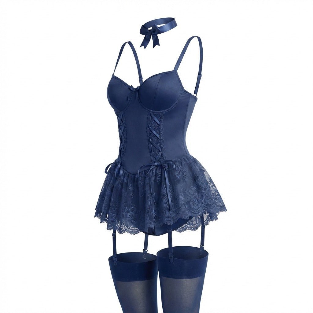 Women's Lingerie Lace Ruffle Underwired Bustier Teddy Garter Set Elegant Lingerie Sets 12