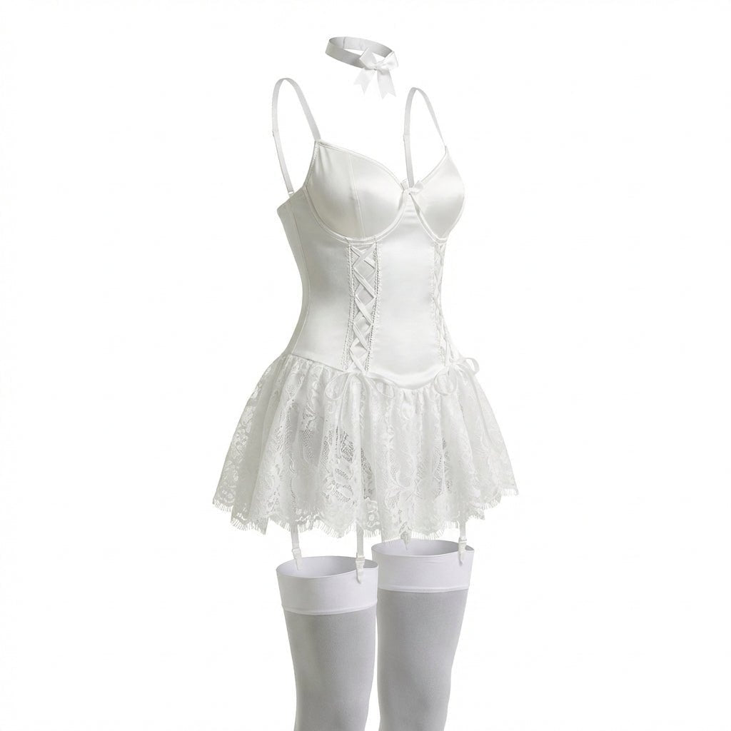 Women's Lingerie Lace Ruffle Underwired Bustier Teddy Garter Set Elegant Lingerie Sets 7
