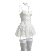 Women's Lingerie Lace Ruffle Underwired Bustier Teddy Garter Set Elegant Lingerie Sets 7
