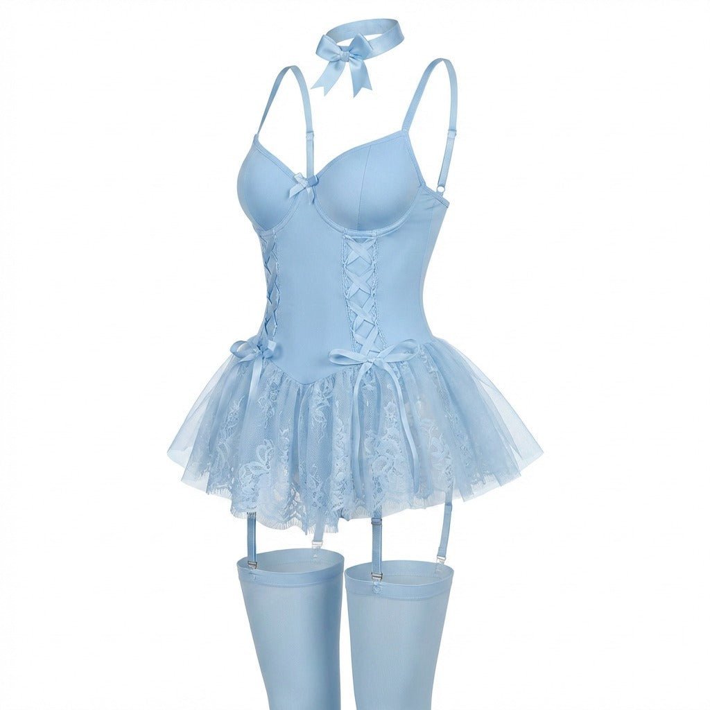 Women's Lingerie Lace Ruffle Underwired Bustier Teddy Garter Set Elegant Lingerie Sets 9
