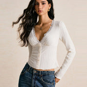 Women's Long Sleeve Crop Top with Scalloped V Neckline and Button Front 0