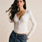 Women's Long Sleeve Crop Top with Scalloped V Neckline and Button Front 0