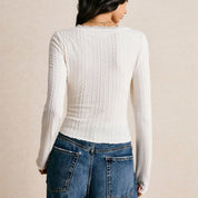 Women's Long Sleeve Crop Top with Scalloped V Neckline and Button Front 2