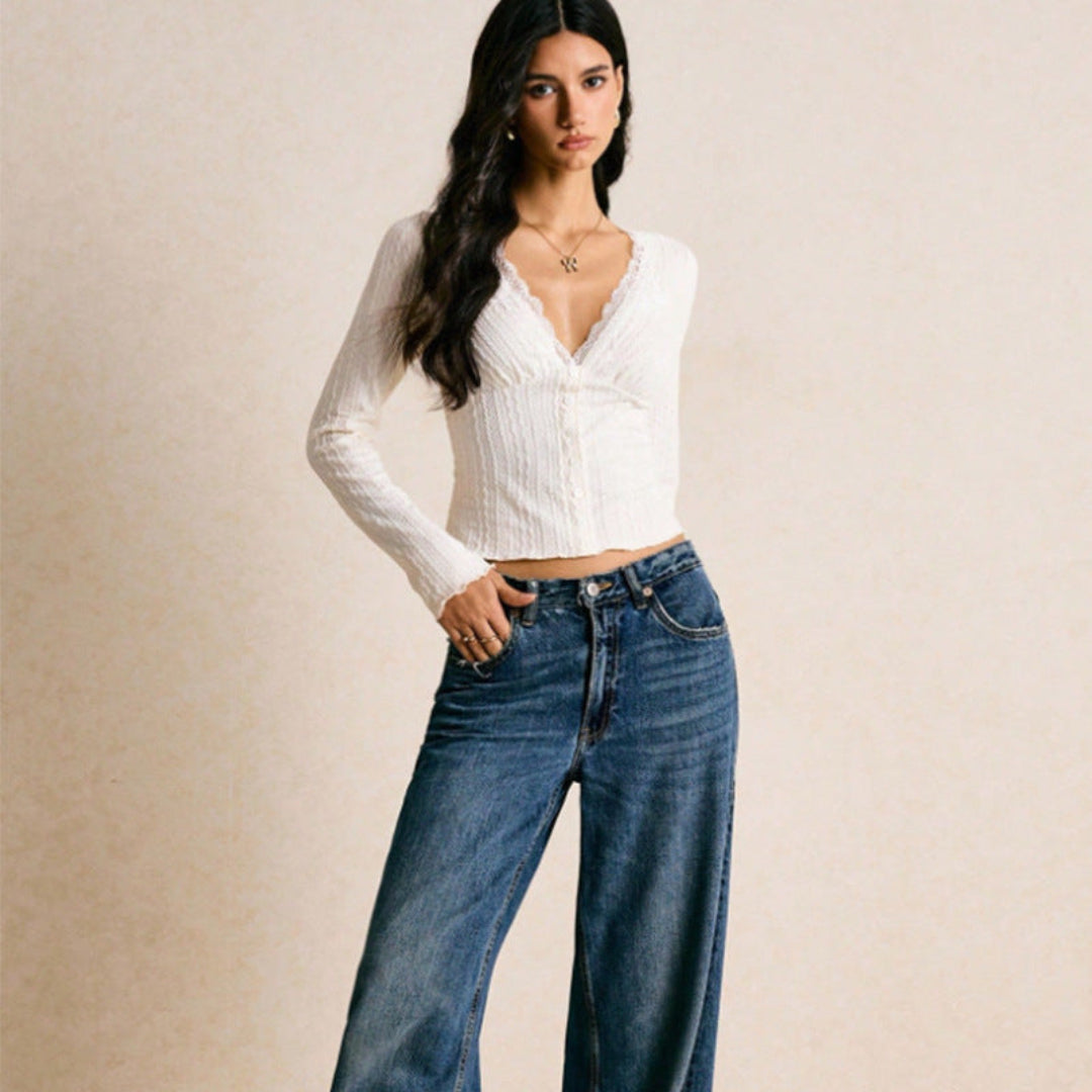 Women's Long Sleeve Crop Top with Scalloped V Neckline and Button Front 3